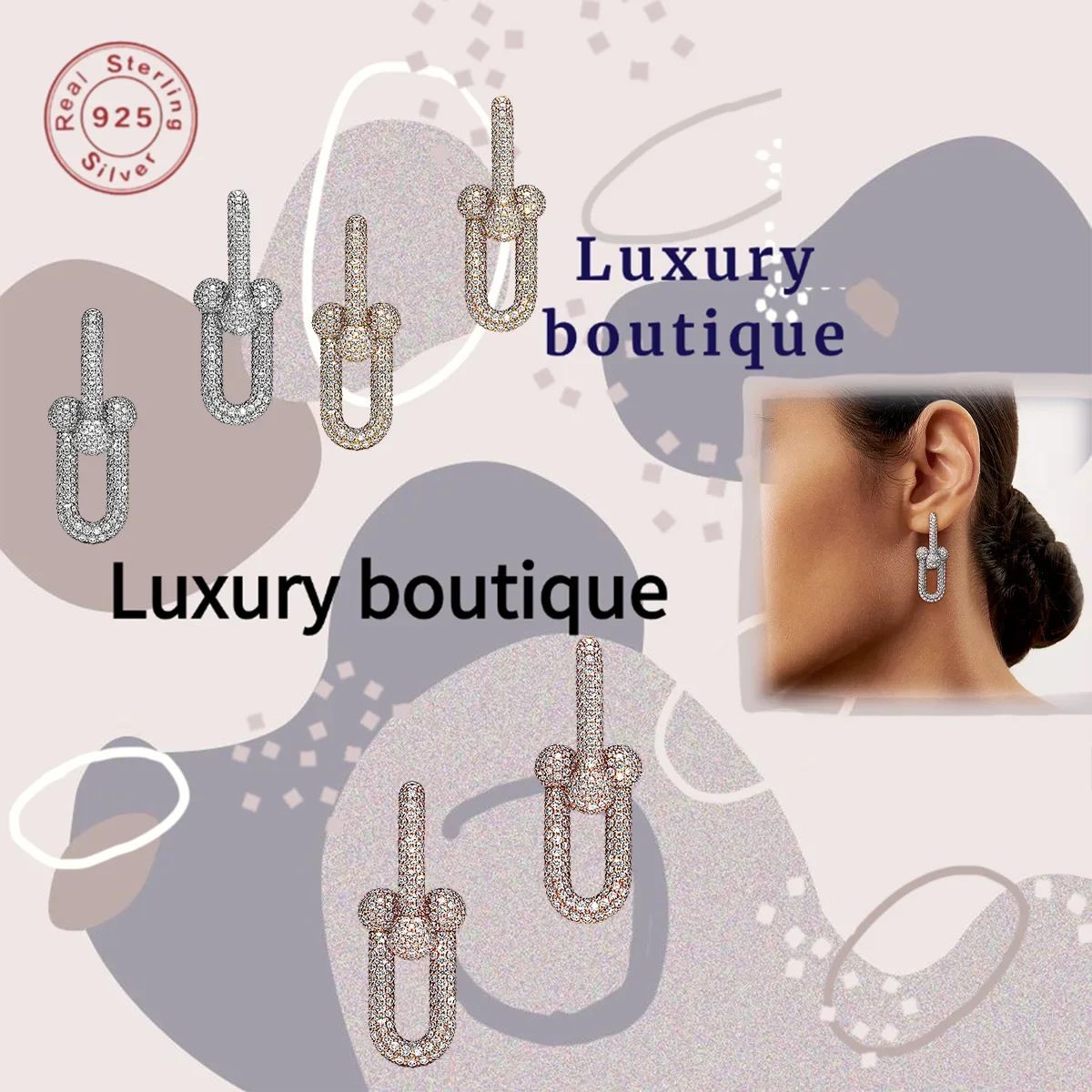 Pure silver S925 earrings with full diamond studded U-shaped horseshoe buckle for ladies, luxurious and noble couple holiday gif
Pure silver S925 earrings with full diamond studded U-shaped horseshoe buckle for ladies, luxurious and noble couple holiday gif