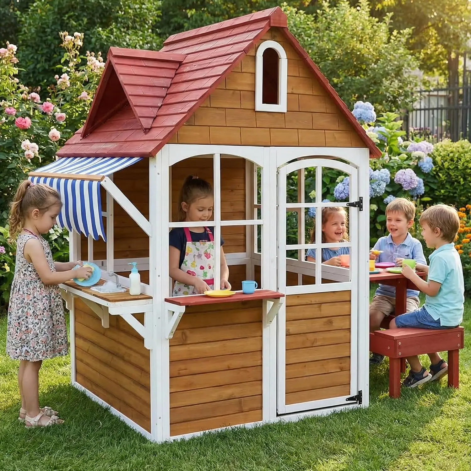 Outdoor Wooden Kids Playhouse with Sink Table Canopy Bench Flowerpot Holders Open View Backyard, Customized
Outdoor Wooden Kids Playhouse with Sink Table Canopy Bench Flowerpot Holders Open View Backyard, Customized