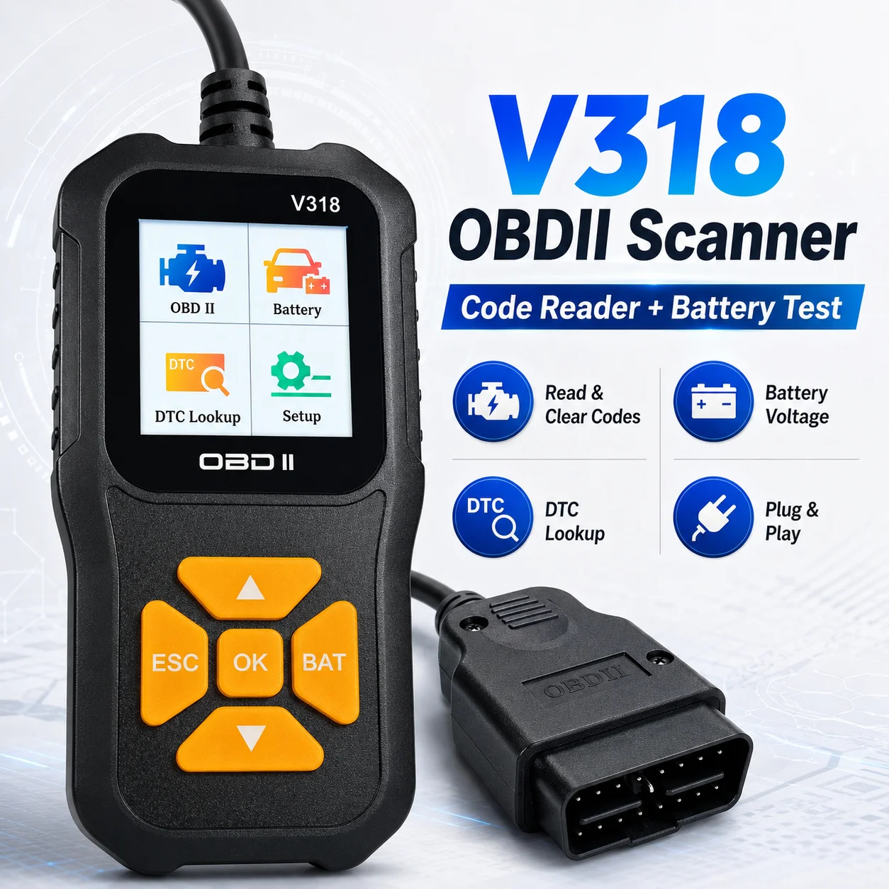 V318 Obdii Scanner Diagnostic Tool, Engine Check Code Reader with Battery Test, Live Data, Freeze Frame, Evap & O2 Sensor Test
V318 Obdii Scanner Diagnostic Tool, Engine Check Code Reader with Battery Test, Live Data, Freeze Frame, Evap & O2 Sensor Test