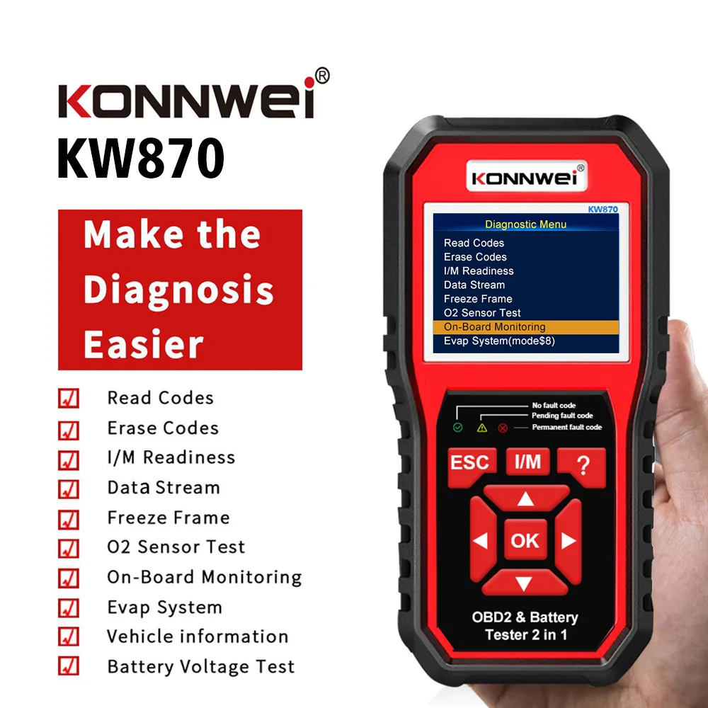 KONNWEI KW870 Electric Vehicle Diagnostic Instrument ABS Battery Tester and English Engine Analyzer for Camry Model
KONNWEI KW870 Electric Vehicle Diagnostic Instrument ABS Battery Tester and English Engine Analyzer for Camry Model