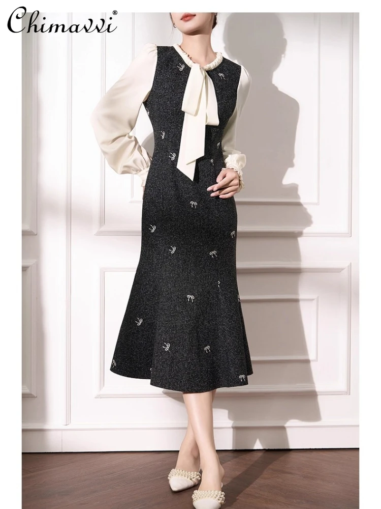 French Elegant Temperament Socialite Patchwork Long Sleeve Embroidered Bow High Waist Slim Casual Long Dress for Women Autumn
French Elegant Temperament Socialite Patchwork Long Sleeve Embroidered Bow High Waist Slim Casual Long Dress for Women Autumn