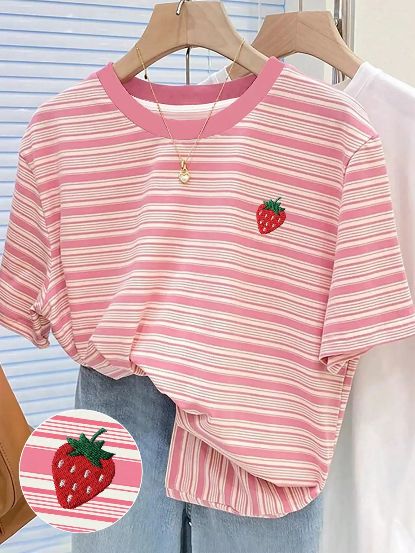 Pink & White Striped T-Shirt with Strawberry Embroidery, Crew Neck, Casual Summer Top
Pink & White Striped T-Shirt with Strawberry Embroidery, Crew Neck, Casual Summer Top