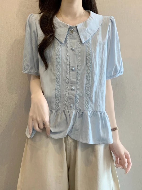 Light Blue Doll Collar Short Sleeve Shirt Women's Summer New Style plus Size Fluffy Top Korean Version Loose Fit Commute Wind
Light Blue Doll Collar Short Sleeve Shirt Women's Summer New Style plus Size Fluffy Top Korean Version Loose Fit Commute Wind
