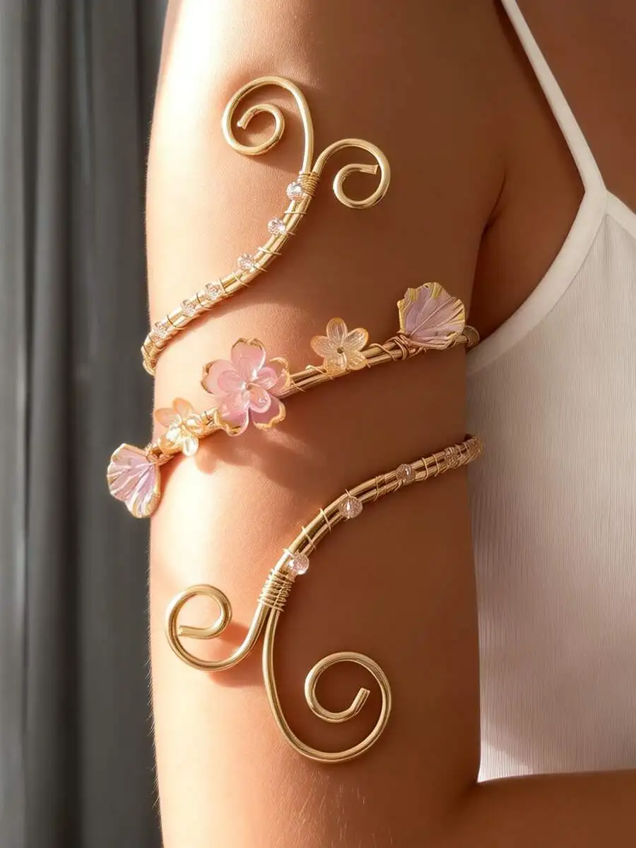 Elegant Gold Wire-Wrapped Arm Cuff Set With Pink Floral Accents And Crystals, Adjustable Boho Style Upper Arm Jewelry For Women
Elegant Gold Wire-Wrapped Arm Cuff Set With Pink Floral Accents And Crystals, Adjustable Boho Style Upper Arm Jewelry For Women