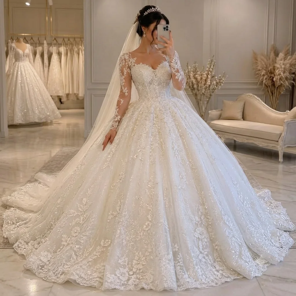 Custom Vestido De Novia Sweetheart Lace Ball Gown Wedding Dress Long Sleeve All Over Sparkle Tulle Cathedral Train Bridal Gown
Custom Vestido De Novia Sweetheart Lace Ball Gown Wedding Dress Long Sleeve All Over Sparkle Tulle Cathedral Train Bridal Gown