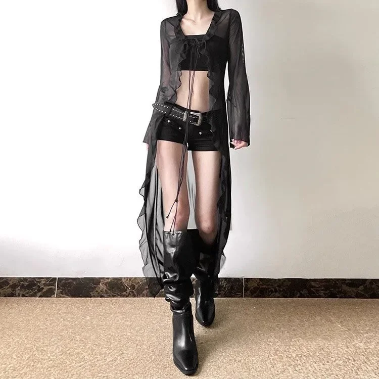 Fashion Sexy See Through Mesh Blouses Mujer Y2k V-neck Ruffles Lace Up Black Cardigan Summer Thin Long Sleeve Tops Women
Fashion Sexy See Through Mesh Blouses Mujer Y2k V-neck Ruffles Lace Up Black Cardigan Summer Thin Long Sleeve Tops Women