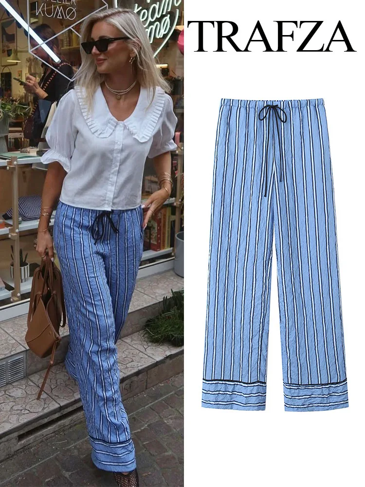 TRAFZA Women Chic Casual Crinkle Decoration Striped Wide Leg Pants Woman Summer Street Lace Up Elastic Waist Loose Trousers
TRAFZA Women Chic Casual Crinkle Decoration Striped Wide Leg Pants Woman Summer Street Lace Up Elastic Waist Loose Trousers