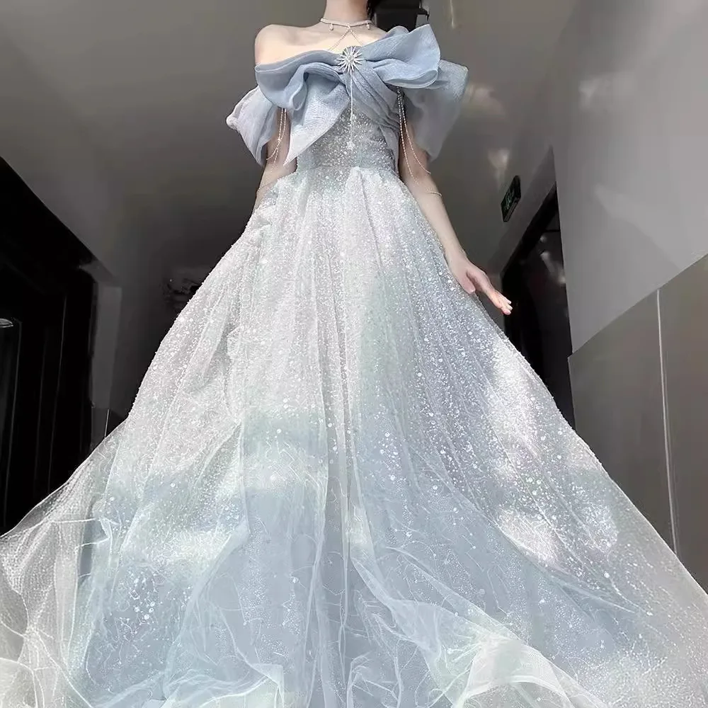 2024 New Bow Sequined Party Dresses Boat Neck Mesh Patchwork Shiny Evening Gowns Adult Gift Puffy Blue Shiny Dress for Women
2024 New Bow Sequined Party Dresses Boat Neck Mesh Patchwork Shiny Evening Gowns Adult Gift Puffy Blue Shiny Dress for Women