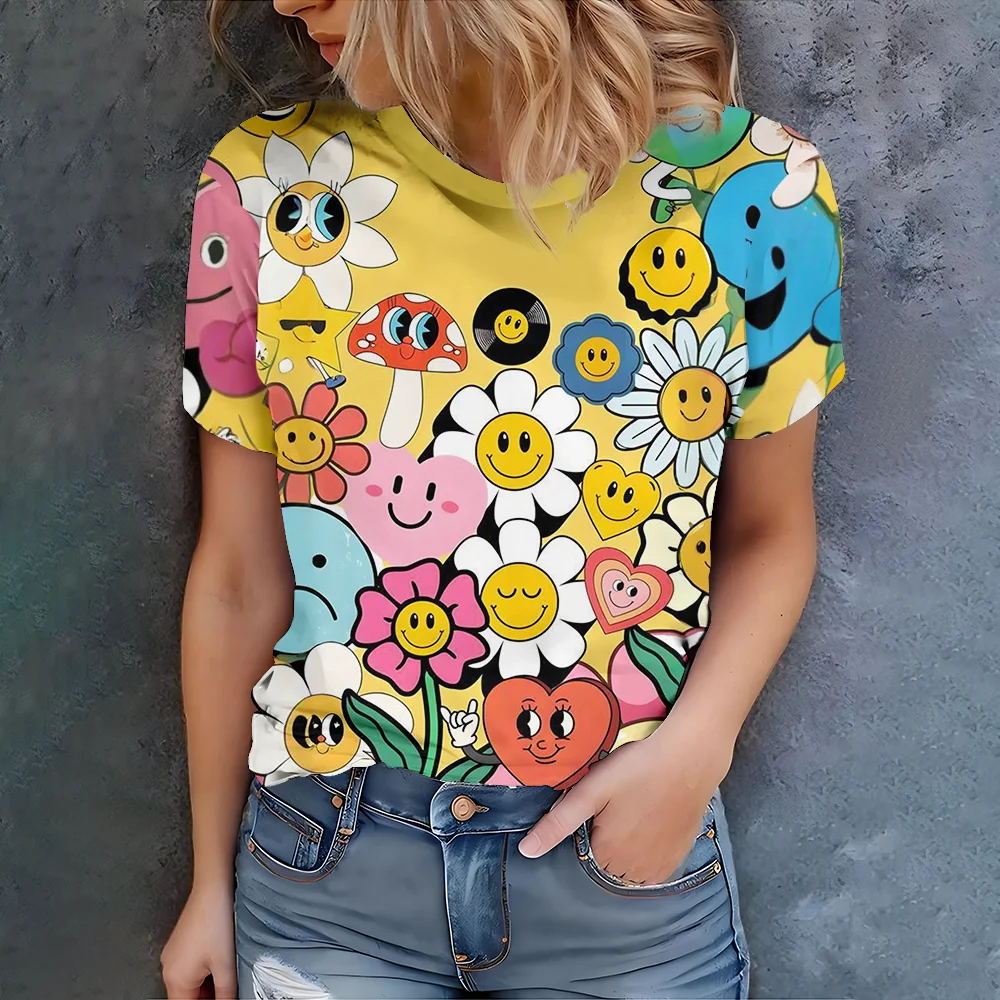 Женская желтая футболка с мультяшным лицом и цветами, повседневный летний стиль, топ с круглым вырезом и короткими рукавами для повседневной носки
Женская желтая футболка с мультяшным лицом и цветами, повседневный летний стиль, топ с круглым вырезом и короткими рукавами для повседневной носки