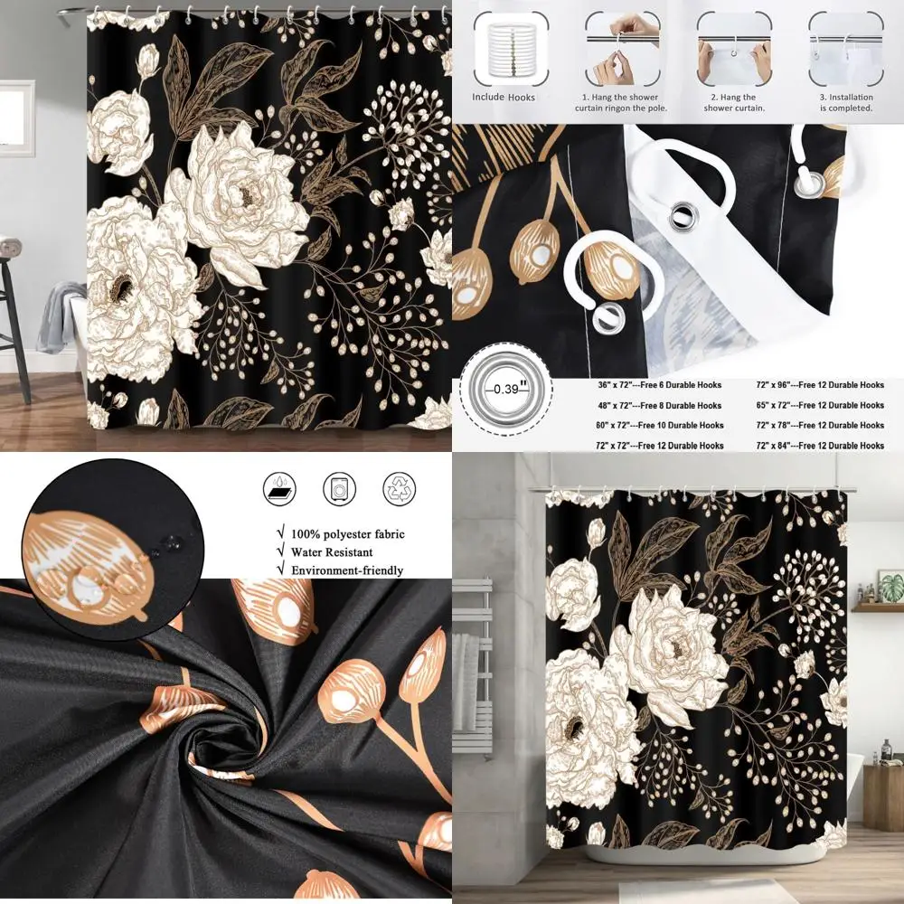 elegant floral shower curtain: vintage-style black and gold roses with lush greenery for bathroom
elegant floral shower curtain: vintage-style black and gold roses with lush greenery for bathroom