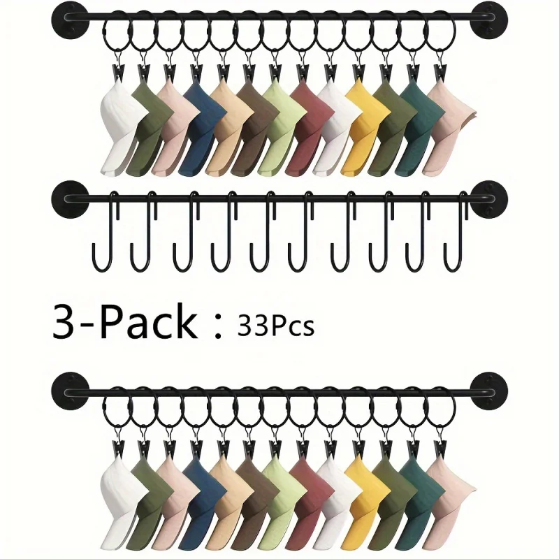 3-Pack Wall-Mounted Hat Rack with 20 Hooks and 10 Clips - Heavy-Duty Iron Space-Saving Organizer for Baseball Caps, Hats, Bags
3-Pack Wall-Mounted Hat Rack with 20 Hooks and 10 Clips - Heavy-Duty Iron Space-Saving Organizer for Baseball Caps, Hats, Bags