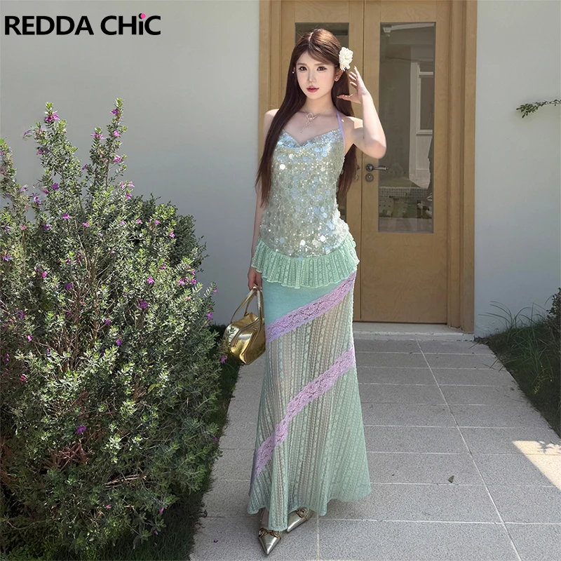 ReddaChic Glitter Camisole Skirt Matching Set Holiday Lace Mermaid Maxi Skirt Draped Collar Halter Top Vintage Woman Clothing
ReddaChic Glitter Camisole Skirt Matching Set Holiday Lace Mermaid Maxi Skirt Draped Collar Halter Top Vintage Woman Clothing