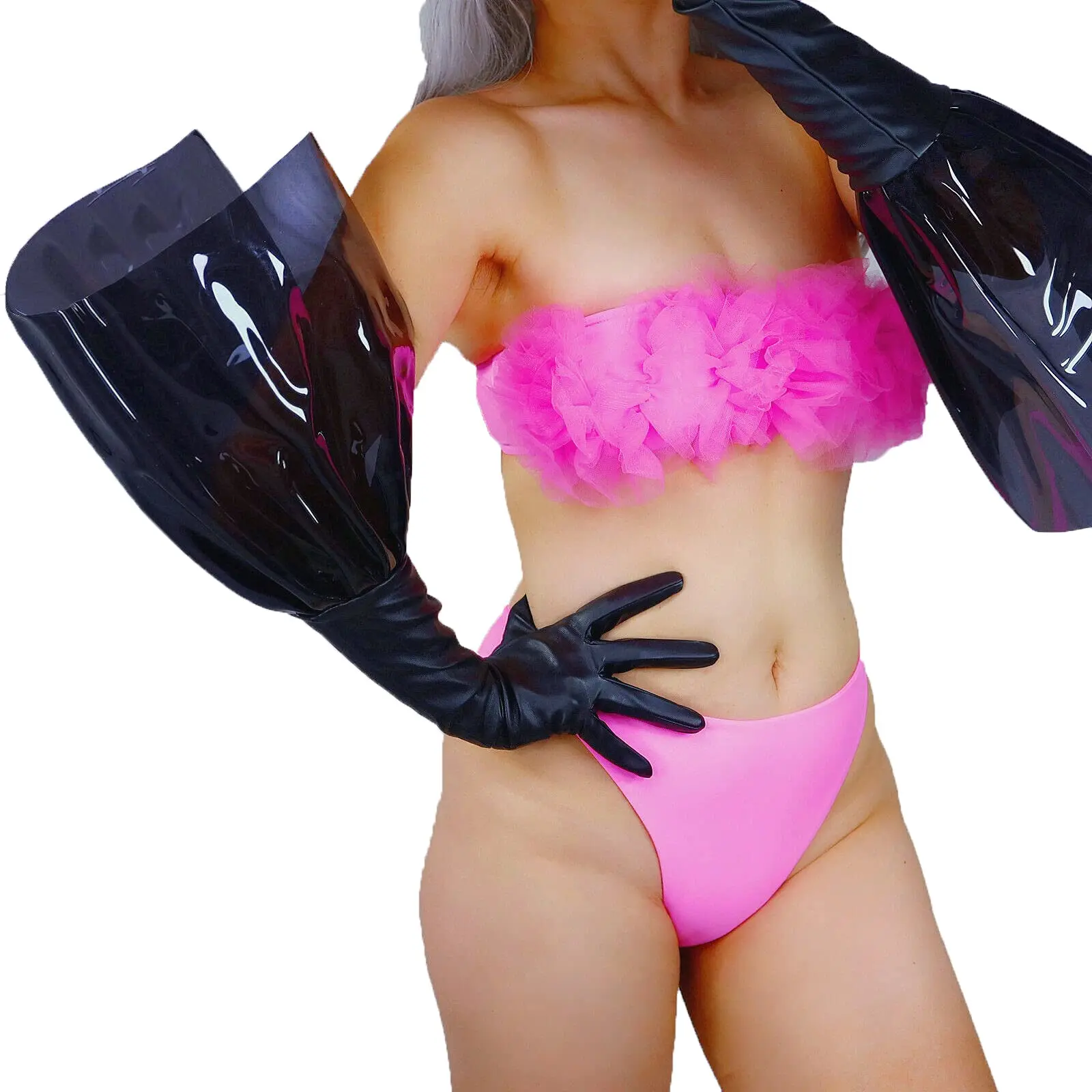 Clear PVC Plastic Gloves Large Open Cuff Super Long Faux Lambskin PU Two Tone Oversize Ruffle Sleeve for Fashion Costume Party
Clear PVC Plastic Gloves Large Open Cuff Super Long Faux Lambskin PU Two Tone Oversize Ruffle Sleeve for Fashion Costume Party