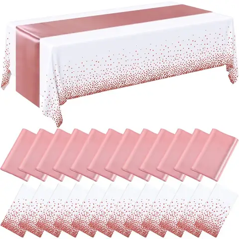 Tovaglie usa e getta in plastica bianca e oro rosa con runner in raso, 24 confezioni, 54 x 108 per tavoli, 12 larghe