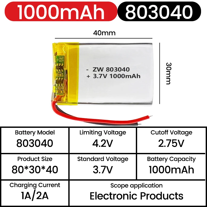 803040 1000mAh 3.7V Li-Polymer Li-ion Battery +PCB Protection Board for Beauty Instruments Bluetooth Headsets
803040 1000mAh 3.7V Li-Polymer Li-ion Battery +PCB Protection Board for Beauty Instruments Bluetooth Headsets