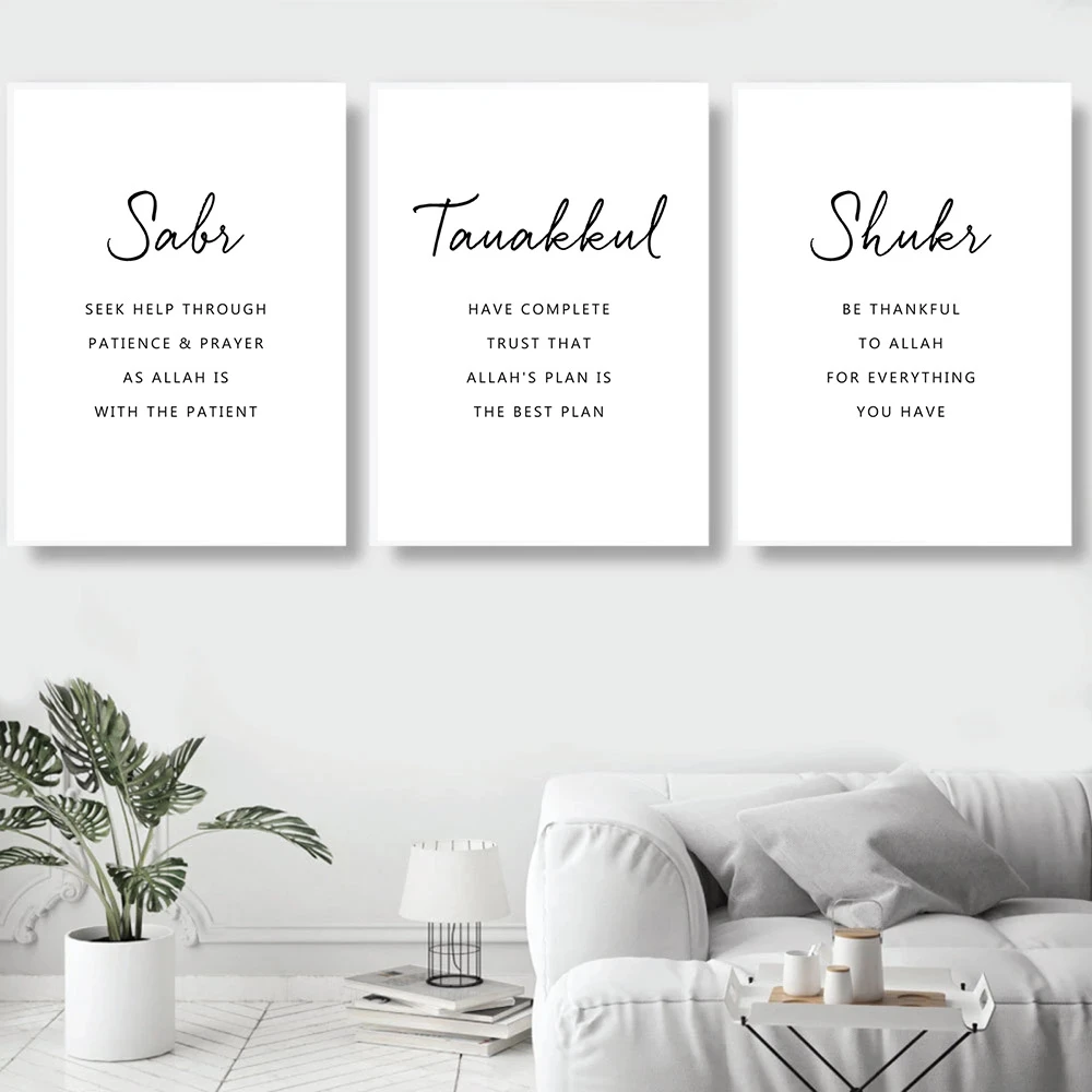 Islamic Tawakkul Shukr Sabr Canvas Poster Black and White Wall Art Prints Quote Wall Painting Pictures Living Room Home Decor
Islamic Tawakkul Shukr Sabr Canvas Poster Black and White Wall Art Prints Quote Wall Painting Pictures Living Room Home Decor