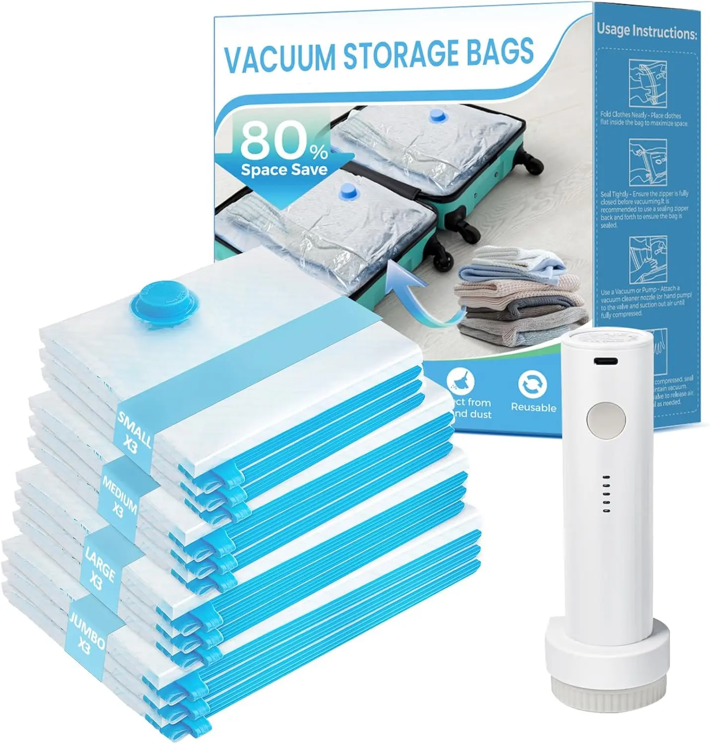 12 Pack Vacuum Seal Bags with Portable Electric Pump, Space Saver for Travel and Clothing Storage
12 Pack Vacuum Seal Bags with Portable Electric Pump, Space Saver for Travel and Clothing Storage