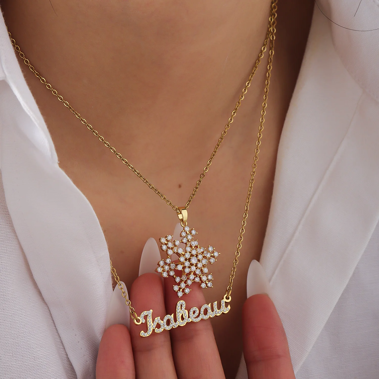 Custom Zircon Name Necklace Snowflake Pendant Rotatable 18K Gold Plated Stainless Steel Stackable Romance Luck Christmas Gift
Custom Zircon Name Necklace Snowflake Pendant Rotatable 18K Gold Plated Stainless Steel Stackable Romance Luck Christmas Gift