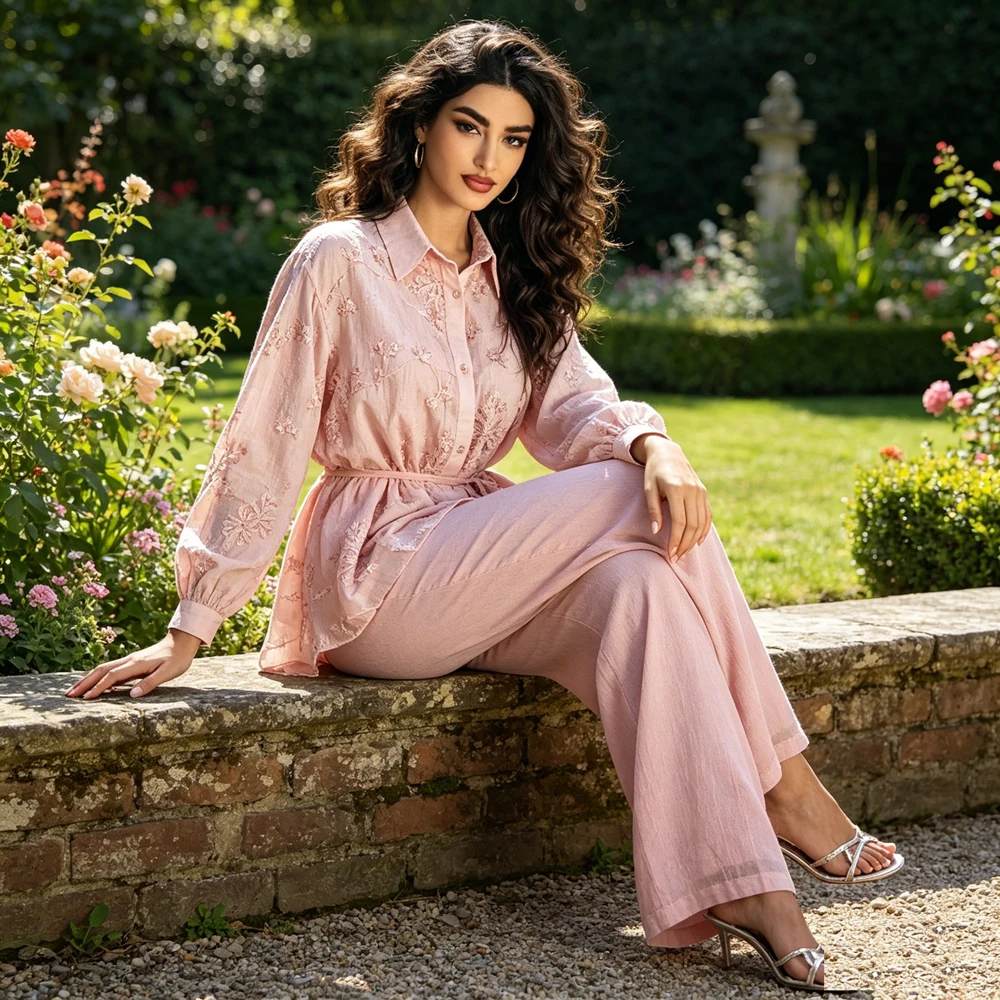 Arab Women Sequin Embroidery Muslim 2 Piece Outfit Lapel Long Sleeve Top Wide Leg Pants Dubai Modest Islamic Abaya Party Outfits
Arab Women Sequin Embroidery Muslim 2 Piece Outfit Lapel Long Sleeve Top Wide Leg Pants Dubai Modest Islamic Abaya Party Outfits