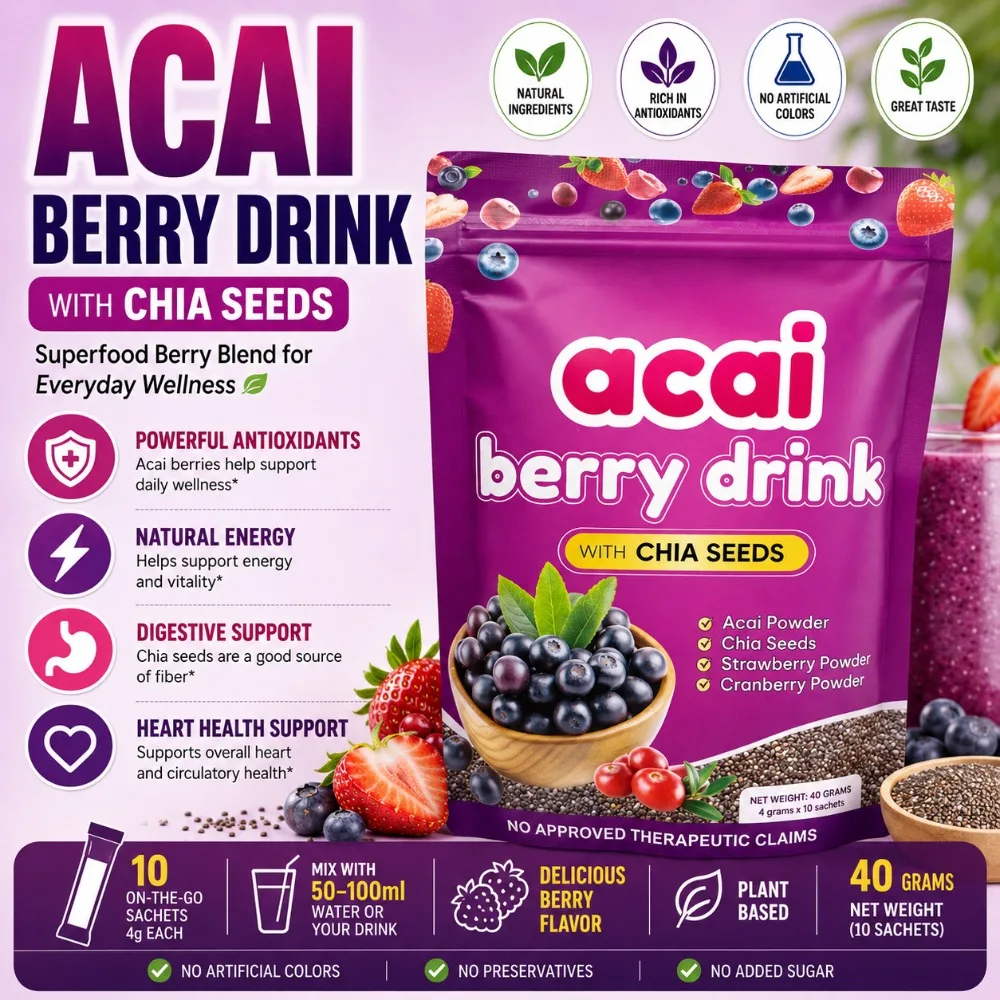 Acai Berry Drink Powder with Chia Seeds and 7 Types of Berry Powders Improve Skin Condition & Enhance Immunity, 10 Sachets
Acai Berry Drink Powder with Chia Seeds and 7 Types of Berry Powders Improve Skin Condition & Enhance Immunity, 10 Sachets