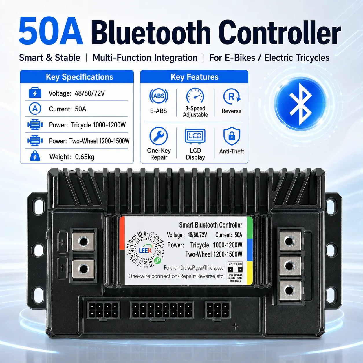 50A 48V/60V/72V Smart Bluetooth DC Motor Controller for E-Bike Electric Tricycle 1200W-1500W with E-ABS Reverse Anti-Theft One-K
50A 48V/60V/72V Smart Bluetooth DC Motor Controller for E-Bike Electric Tricycle 1200W-1500W with E-ABS Reverse Anti-Theft One-K