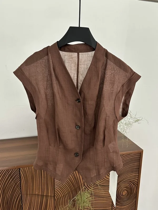 Ladies' Slim Fit Linen Shirt V-Neck Short Sleeve Breathable Casual Style Fashionable Pleated Waist-Cinching Summer Top
Ladies' Slim Fit Linen Shirt V-Neck Short Sleeve Breathable Casual Style Fashionable Pleated Waist-Cinching Summer Top