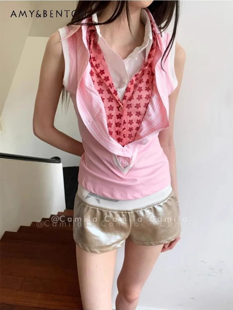 2025 New American Summer Multi-layer Fake Four-piece Pink Sleeveless Vest V-neck Versatile Top Shirt For Women
2025 New American Summer Multi-layer Fake Four-piece Pink Sleeveless Vest V-neck Versatile Top Shirt For Women