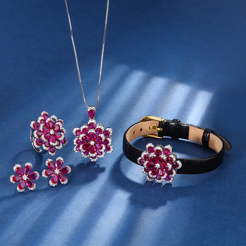 Gold-plated red corundum eternal flower high-end light luxury three-piece set for women: wrist pendant, ring, and earrings
Gold-plated red corundum eternal flower high-end light luxury three-piece set for women: wrist pendant, ring, and earrings