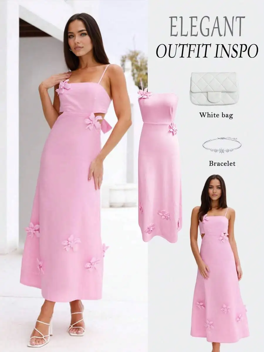 Elegant Pink Midi Dress With Spaghetti Straps 3D Floral Cutout Bow Accent
Elegant Pink Midi Dress With Spaghetti Straps 3D Floral Cutout Bow Accent
