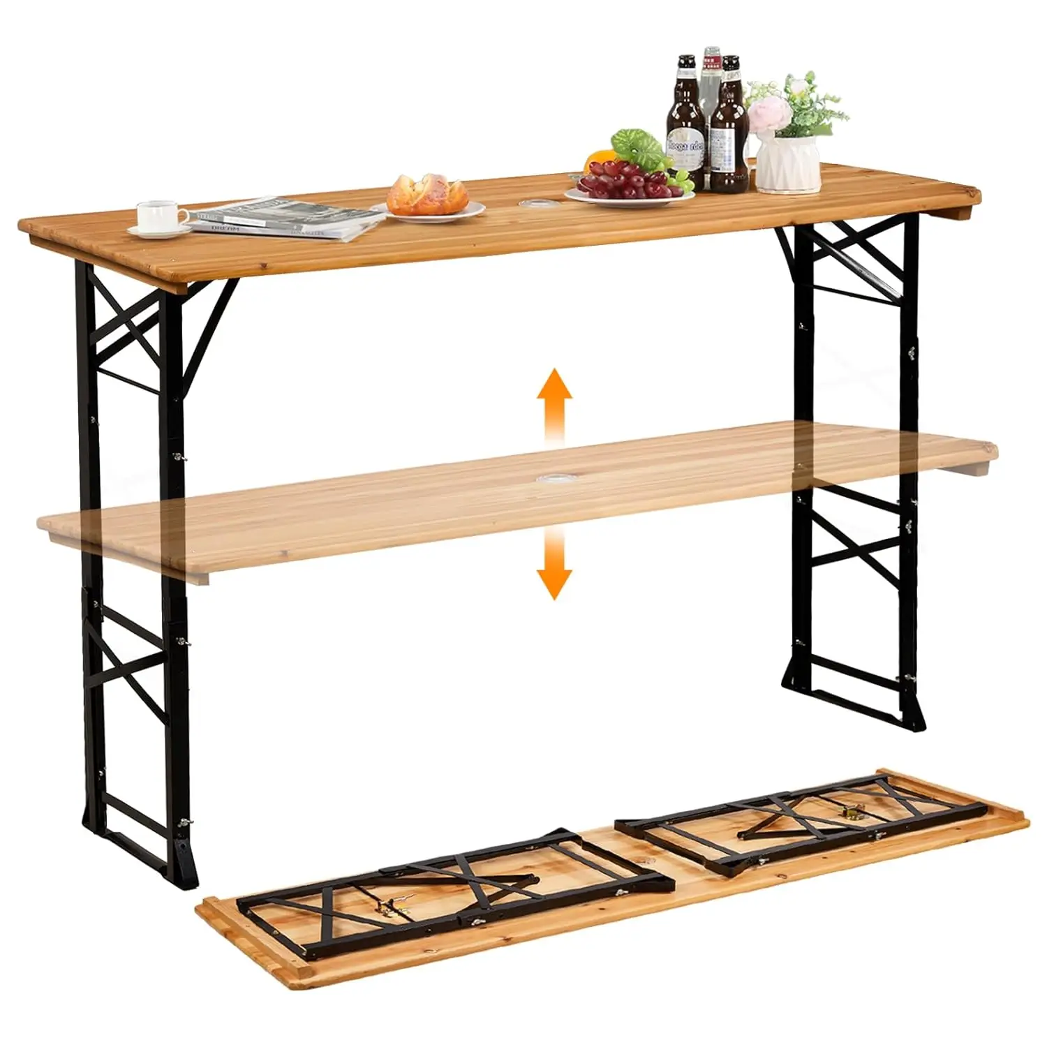 67 Inch Wooden Folding Picnic Table, Picnic Beer Table with Umbrella Hole, Adjustable Heights (29.5" Sitting & 41.5" Standing) –
67 Inch Wooden Folding Picnic Table, Picnic Beer Table with Umbrella Hole, Adjustable Heights (29.5" Sitting & 41.5" Standing) –