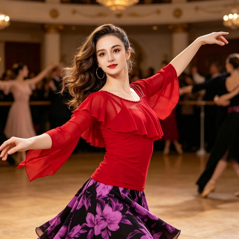 Rhinestone Modern Latin Dance Top Flare Sleeve Practice Wear Sparkly Women's Waltz Performance Dancewear for Adult Female Dancer
Rhinestone Modern Latin Dance Top Flare Sleeve Practice Wear Sparkly Women's Waltz Performance Dancewear for Adult Female Dancer