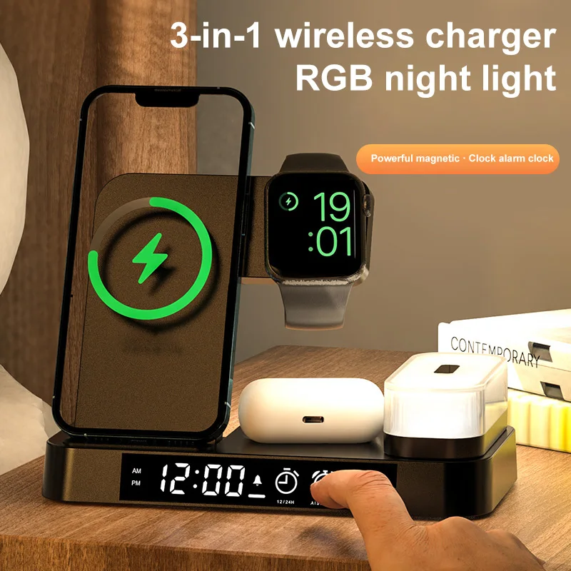 15W 3 In 1 Wireless Charger Stand Night Light Alarm Clock Fast Charging Station Dock for iPhone 14 IWatch Samsung Galaxy Watch
15W 3 In 1 Wireless Charger Stand Night Light Alarm Clock Fast Charging Station Dock for iPhone 14 IWatch Samsung Galaxy Watch
