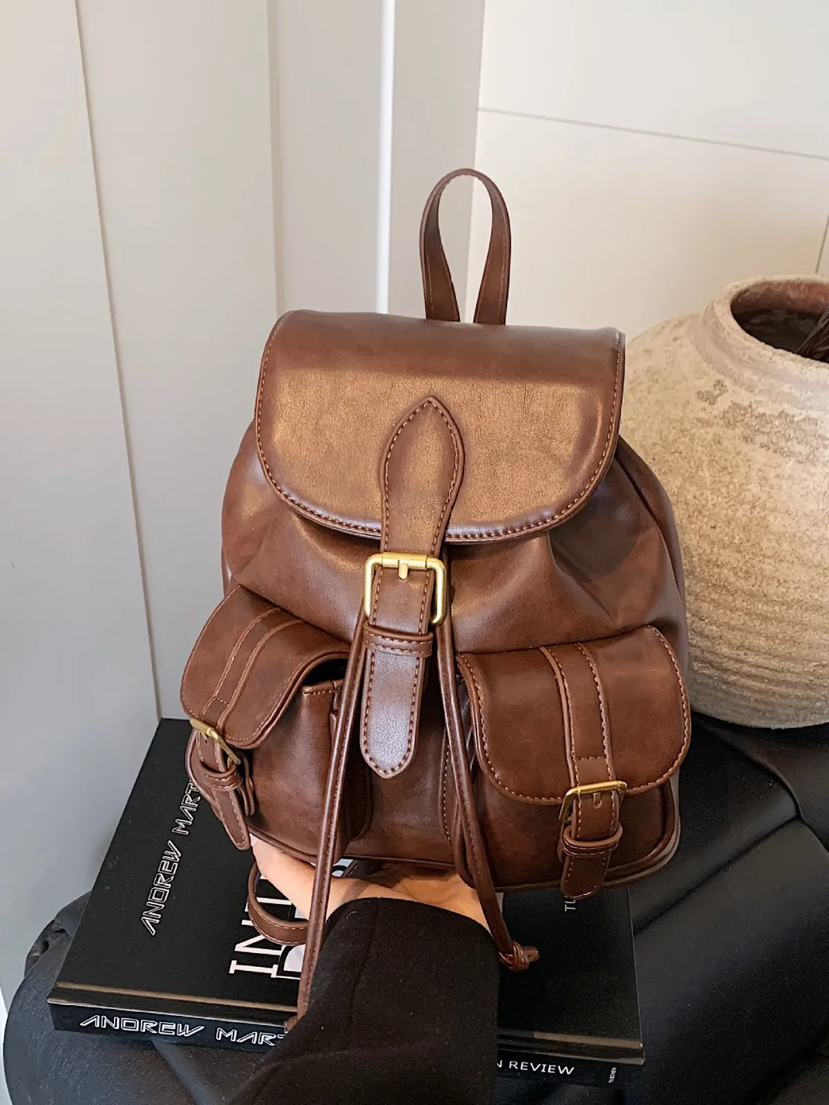 Vintage Brown Faux Leather Drawstring Mini Backpack Women Multi-Pocket Buckle Retro Travel Daypack
Vintage Brown Faux Leather Drawstring Mini Backpack Women Multi-Pocket Buckle Retro Travel Daypack