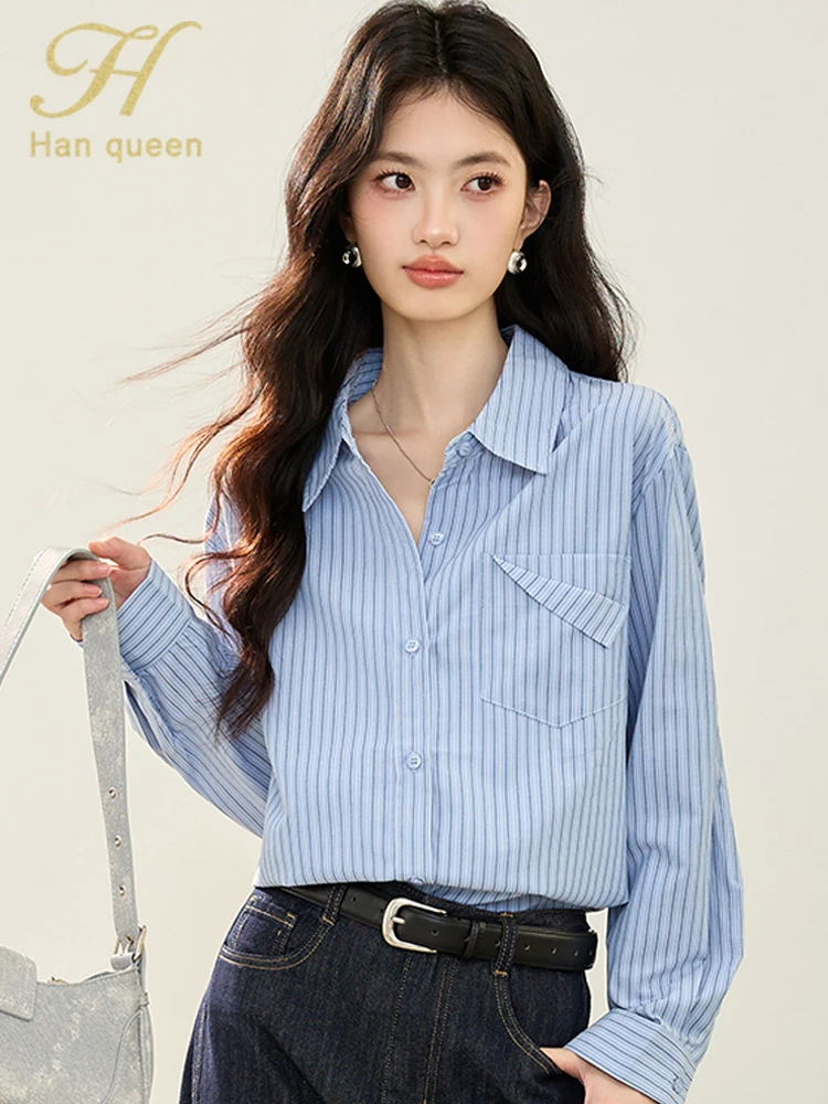H Han Queen 2025 Autumn Stripe Casual Shirt Korean Chic Simple Loose Blouses Women Simple Office Long Sleeve Tops Woman Clothing
H Han Queen 2025 Autumn Stripe Casual Shirt Korean Chic Simple Loose Blouses Women Simple Office Long Sleeve Tops Woman Clothing