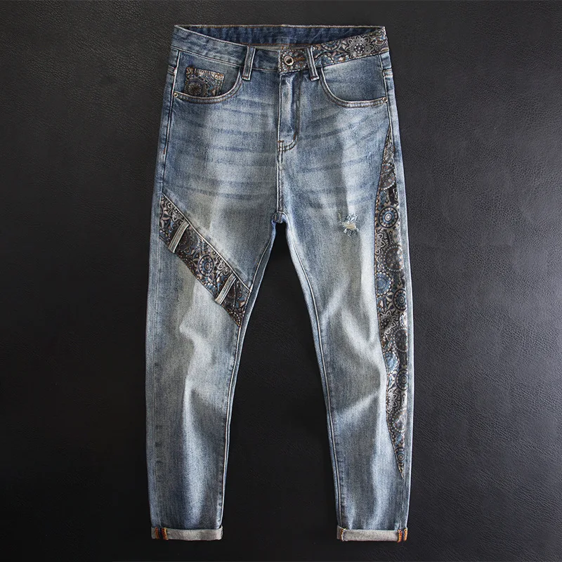 Vintage Patchwork Men's Jeans with Rips, Fashionable Print, Unique Trendy High-end Slim Fit Skinny Pants
Vintage Patchwork Men's Jeans with Rips, Fashionable Print, Unique Trendy High-end Slim Fit Skinny Pants