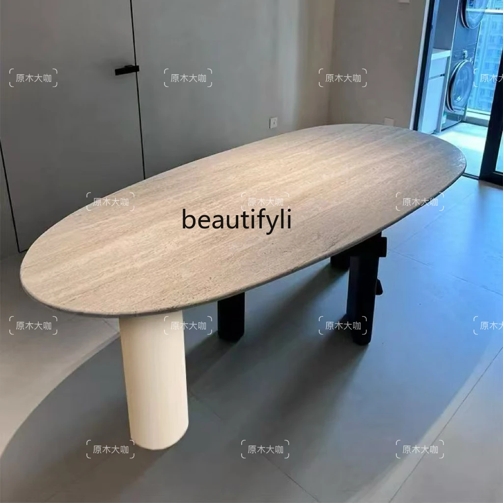 French minimalist travertine rock slab dining table wabi sandy wind solid wood dining table creative oval negotiation table
French minimalist travertine rock slab dining table wabi sandy wind solid wood dining table creative oval negotiation table