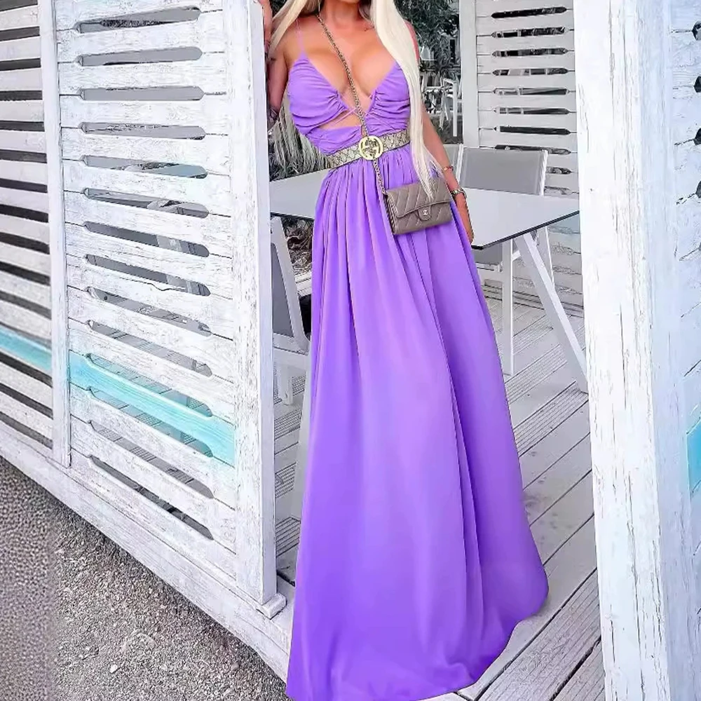 Summer hot purple elegant suspender dress female banquet pleated hollow holiday chiffon drape long skirt-GZXX391
Summer hot purple elegant suspender dress female banquet pleated hollow holiday chiffon drape long skirt-GZXX391
