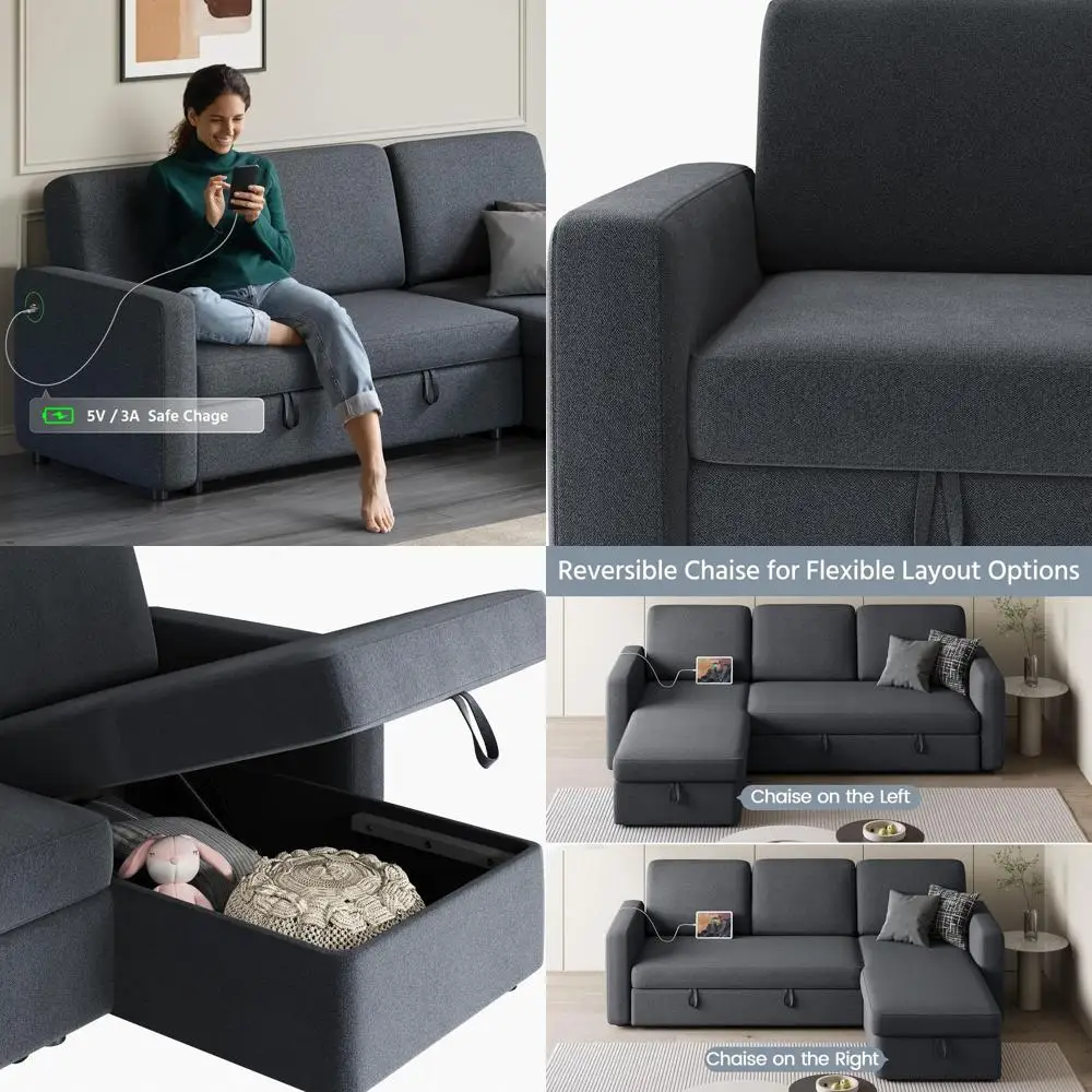 L-Shaped Sectional Sofa Bed with Chaise, USB Ports, Reversible Sleeper, Pull-Out Bed, and Storage in Gray
L-Shaped Sectional Sofa Bed with Chaise, USB Ports, Reversible Sleeper, Pull-Out Bed, and Storage in Gray