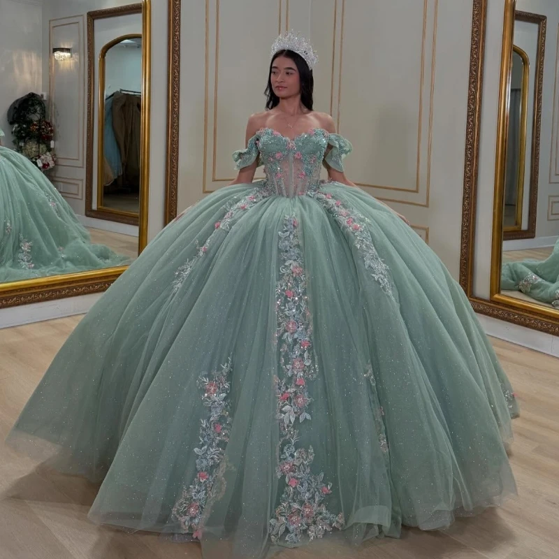 Mint Green Quinceanera Dresses Ball Gown Off Shoulder Appliques Lace Beading Crystal Bow Tull Corset Birthday Payty Sweet 16
Mint Green Quinceanera Dresses Ball Gown Off Shoulder Appliques Lace Beading Crystal Bow Tull Corset Birthday Payty Sweet 16