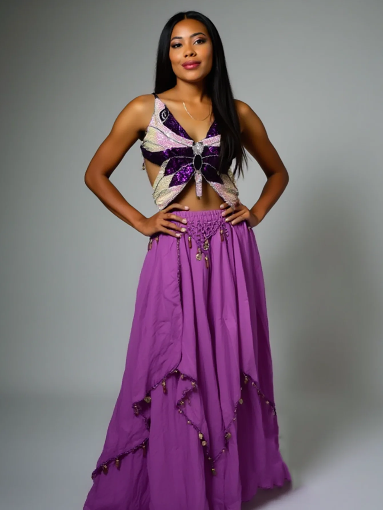 Women's Belly Dance Costume Set: Sequin Butterfly Crop Top & Flowy Chiffon Skirt with Coins for Performance
Women's Belly Dance Costume Set: Sequin Butterfly Crop Top & Flowy Chiffon Skirt with Coins for Performance
