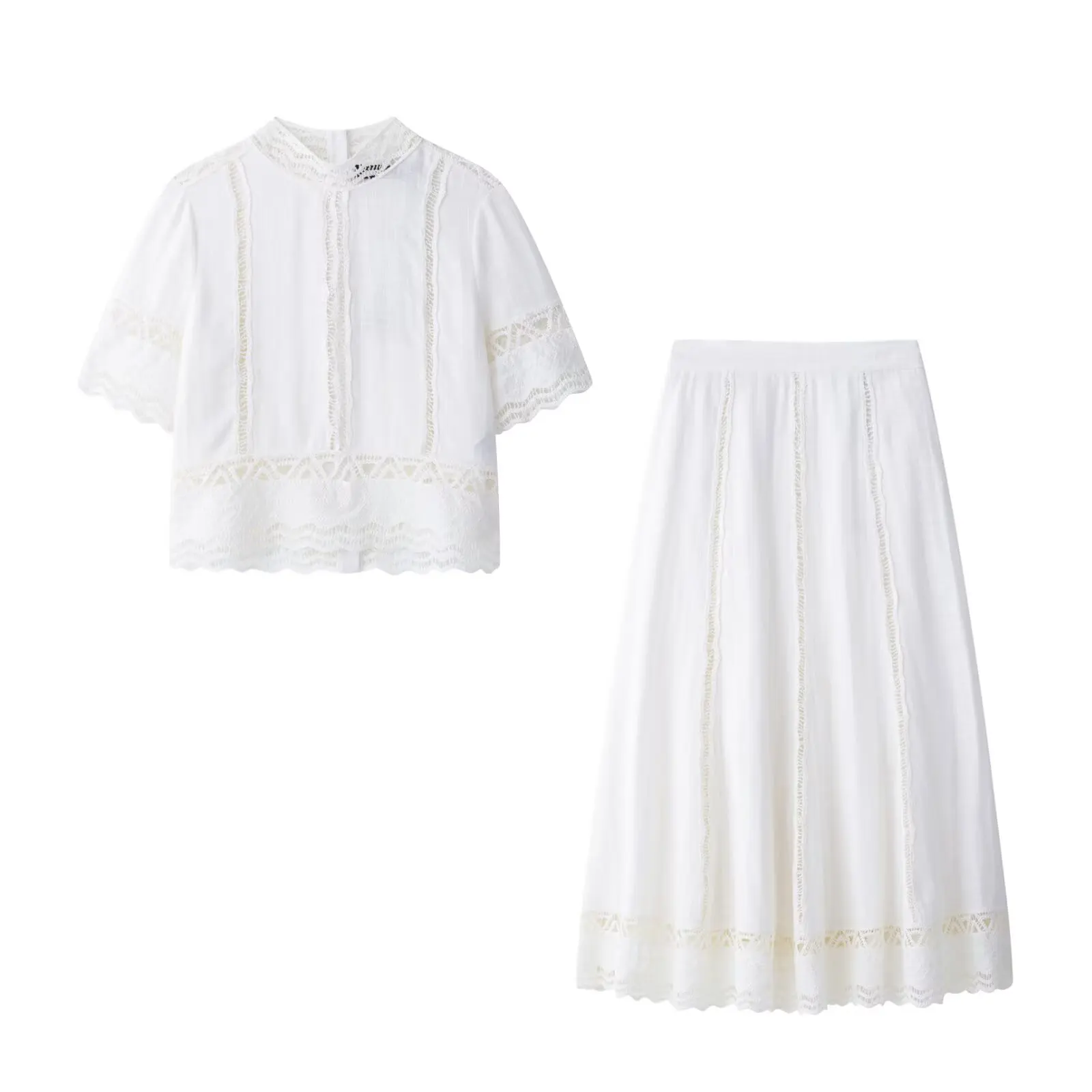 TRAFZA Women Elegant Crocheting Details Skirt Suit Casual White Short-sleeve O-Neck Blouse+Side Zipper White Midi Skirt Summer
TRAFZA Women Elegant Crocheting Details Skirt Suit Casual White Short-sleeve O-Neck Blouse+Side Zipper White Midi Skirt Summer