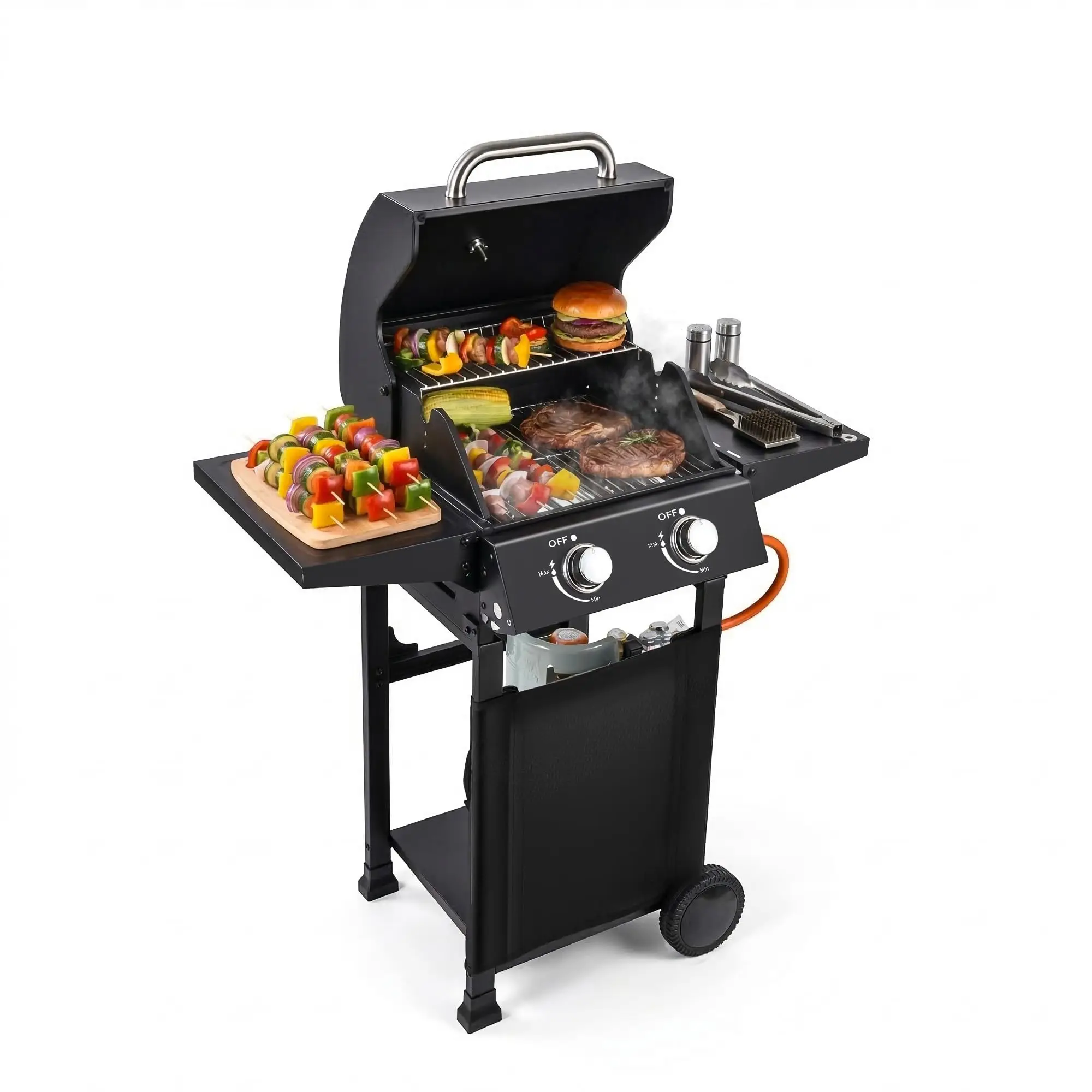 2-Burner Flat Top Grill With 16,000 BTU, BBQ Grill Cart With 1512 cm² Cooking Area, Usable As A Stand-Up Or Tabletop Grill, With 2 Transport Wheels, Weatherproof With Lid, Stainless Steel Burners.
2-Burner Flat Top Grill With 16,000 BTU, BBQ Grill Cart With 1512 cm² Cooking Area, Usable As A Stand-Up Or Tabletop Grill, With 2 Transport Wheels, Weatherproof With Lid, Stainless Steel Burners.