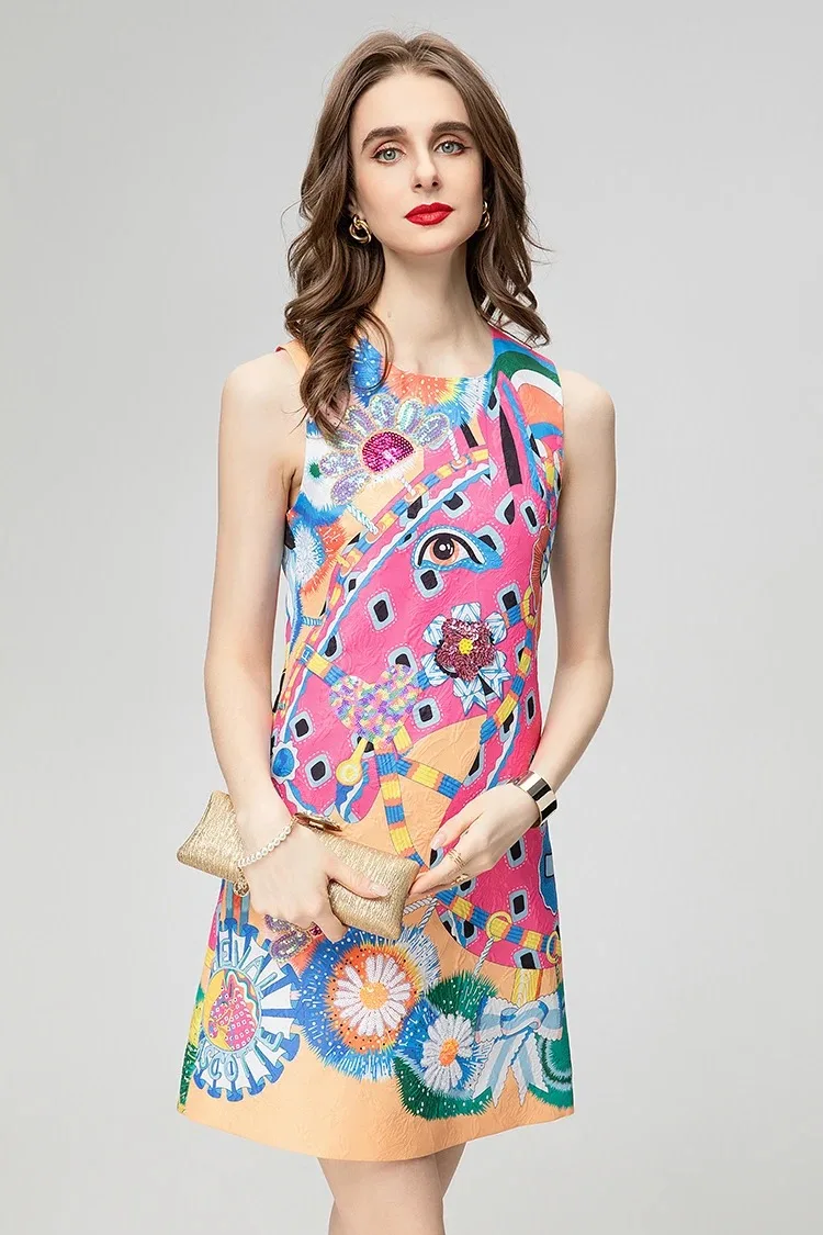Spring Fashion New Vintage Pattern Printed Vestidos Women O Neck Jacquard Sequins Loose Casual Mini Vest Short Dress
Spring Fashion New Vintage Pattern Printed Vestidos Women O Neck Jacquard Sequins Loose Casual Mini Vest Short Dress