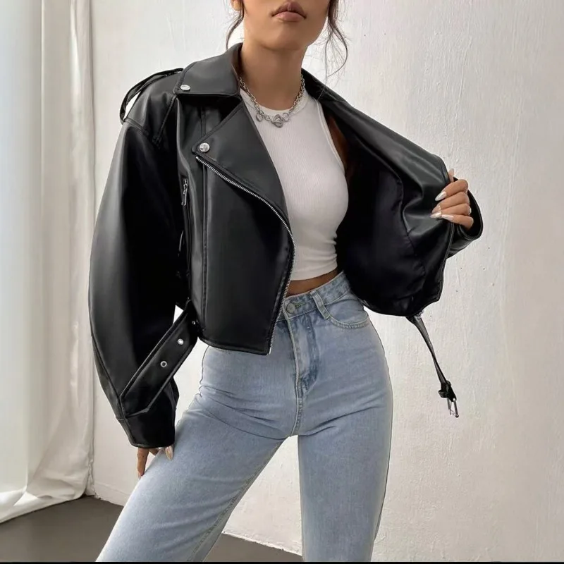 PU Leather Women's Motorcycle Jacket Black Slim Zipper Lapel Long Sleeve With Belt Bomber Jacket Outerwears
PU Leather Women's Motorcycle Jacket Black Slim Zipper Lapel Long Sleeve With Belt Bomber Jacket Outerwears