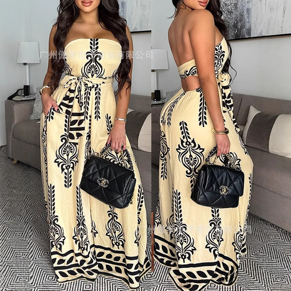 Women Summer Spring Tribal Print Bandeau Backless Tied Detail Wide Leg Jumpsuit Vacation Overall with Pocket
Women Summer Spring Tribal Print Bandeau Backless Tied Detail Wide Leg Jumpsuit Vacation Overall with Pocket