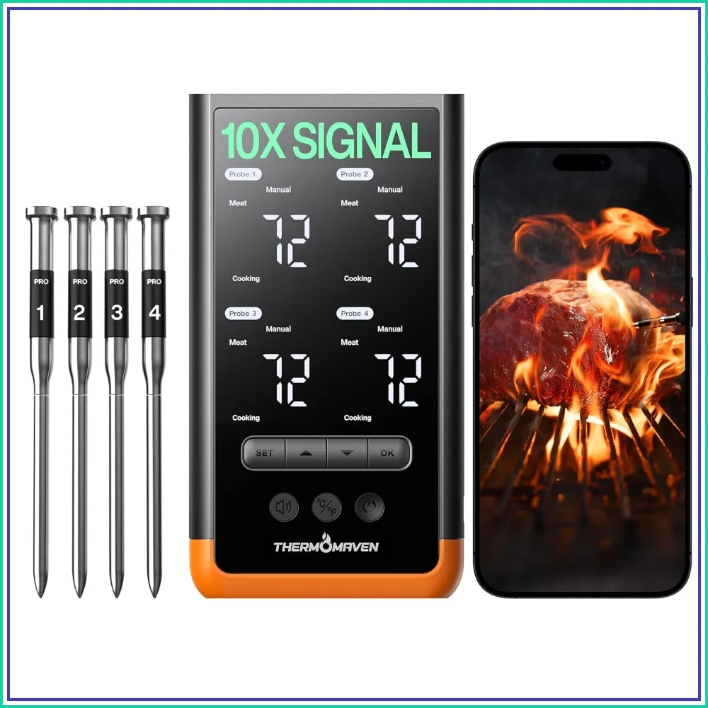 Wireless Bluetooth Smart Meat Thermometer: 6 Sensors, 4 Probes, 3000ft Range, NIST Certified Accuracy, for BBQ, Grill, Oven, Smoker
Wireless Bluetooth Smart Meat Thermometer: 6 Sensors, 4 Probes, 3000ft Range, NIST Certified Accuracy, for BBQ, Grill, Oven, Smoker