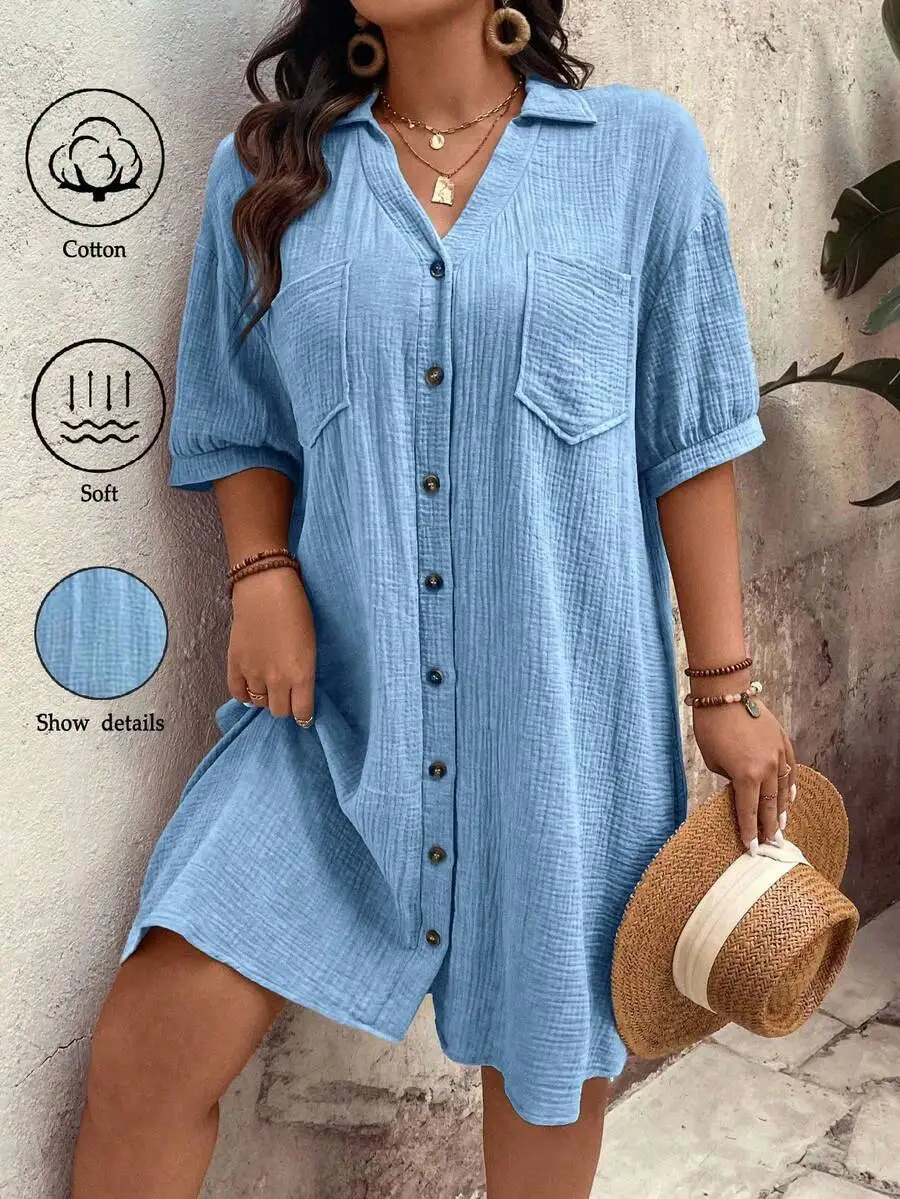 Casual Plus Size Light Blue Woven Shirt Dress Women Short Sleeve Drop Shoulder With Pockets Summer
Casual Plus Size Light Blue Woven Shirt Dress Women Short Sleeve Drop Shoulder With Pockets Summer