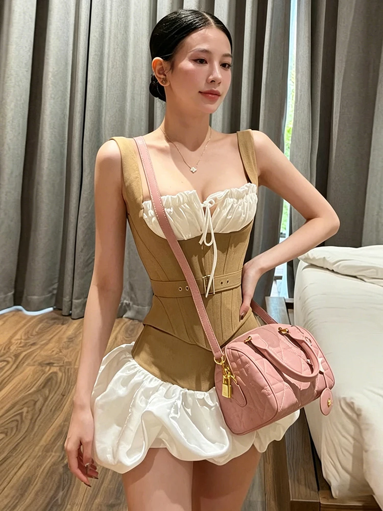 Sisterlinda Women Patchwork 2-Piece Set Bandage Low-Neck Fake Fish Bone Belt Decoration Vest+Puffy Hem Skirt Fashion Sweet Suit
Sisterlinda Women Patchwork 2-Piece Set Bandage Low-Neck Fake Fish Bone Belt Decoration Vest+Puffy Hem Skirt Fashion Sweet Suit
