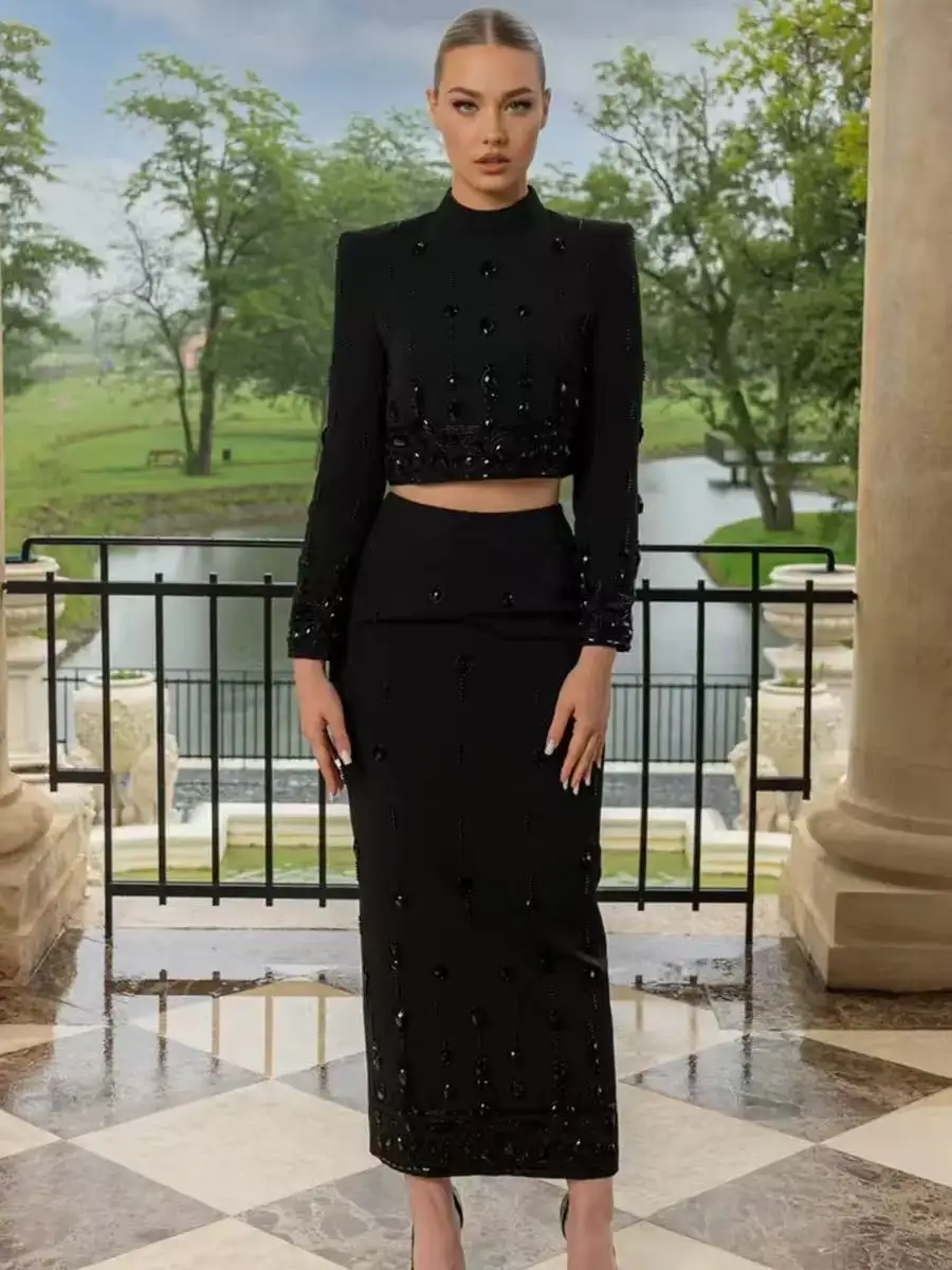 2025 элегантный комплект из топа и юбки с драпировкой и бриллиантами, женское облегающее платье из полиэфирной ткани с длинными рукавами и круглым вырезом
2025 элегантный комплект из топа и юбки с драпировкой и бриллиантами, женское облегающее платье из полиэфирной ткани с длинными рукавами и круглым вырезом