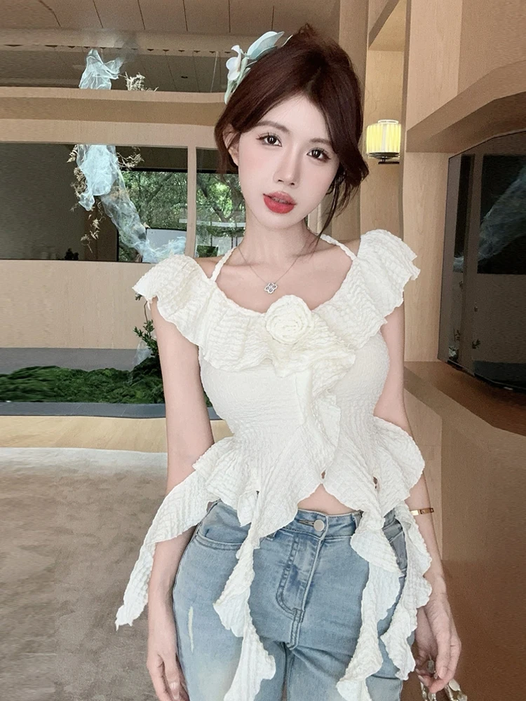 Sweet Pure Desire Style One-Shoulder Ruffle Hem Chiffon T-Shirt Sexy Shoulder Exposure Hanging Neck Irregular Top Women
Sweet Pure Desire Style One-Shoulder Ruffle Hem Chiffon T-Shirt Sexy Shoulder Exposure Hanging Neck Irregular Top Women
